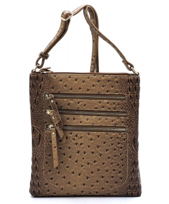 Ostrich Croc Multi Zipper Crossbody Bag OS093 STONE